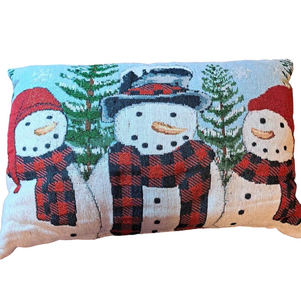 Snowman Trio Pillow Cushion Red Buffalo Plaid Scarf Trees 10x16 In. Winter Cabin